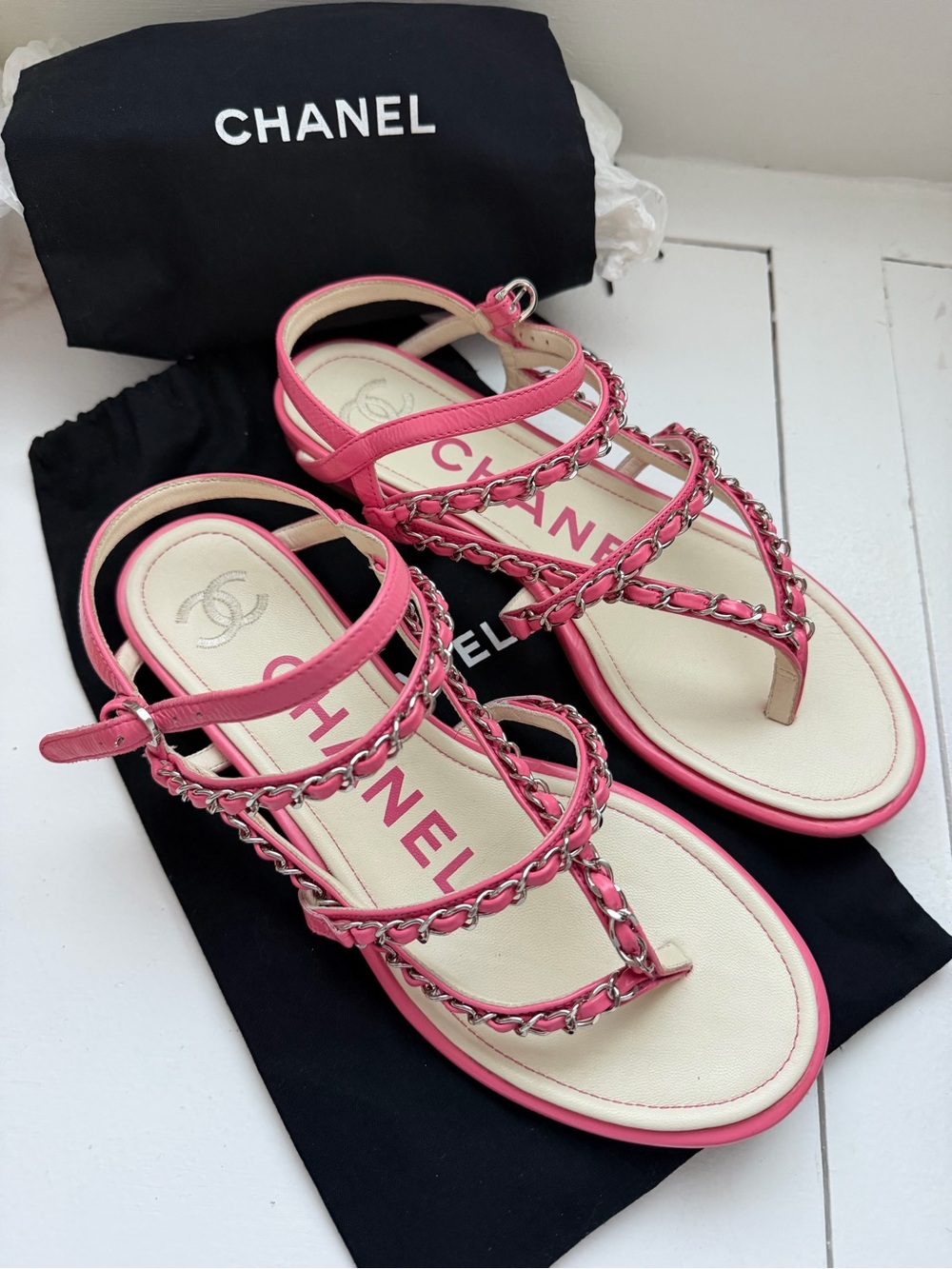 CHANEL 19P Leather Chain Strappy Thong Flat Sandals Pink Sz: 39.5 (Fits 38–38.5)